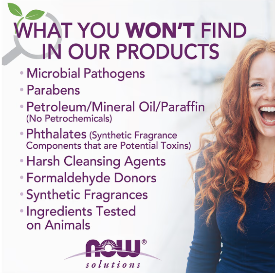 NOW Foods Solutions Argan Oil graphic highlighting no parabens, no synthetic fragrances, and clean beauty standards