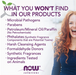 NOW Foods Solutions Argan Oil graphic highlighting no parabens, no synthetic fragrances, and clean beauty standards