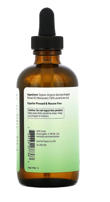  NOW Foods Organic Argan Oil label showing cold pressed and hexane free claims 4 fl oz
