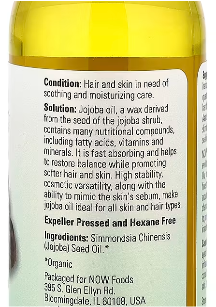 NOW Solutions Certified Organic Jojoba Oil 4 fl oz ingredient panel and directions label close up
