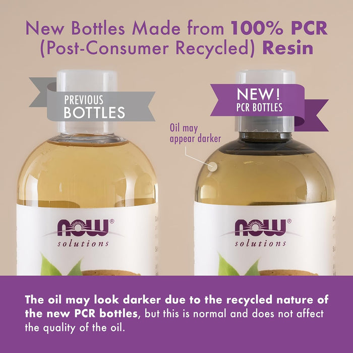 NOW Solutions Certified Organic Jojoba Oil new bottles made from 100 percent post consumer recycled resin graphic