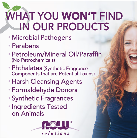 NOW Solutions clean ingredient promise graphic with no parabens or synthetic fragrances