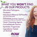 NOW Solutions clean ingredient promise graphic with no parabens or synthetic fragrances