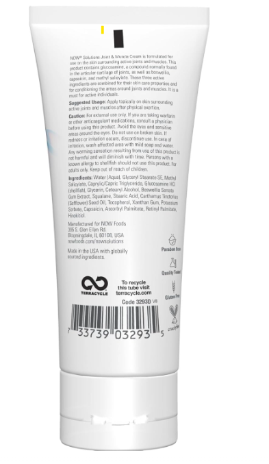 NOW Solutions Joint and Muscle Cream ingredients and directions panel Tigerfitness.com