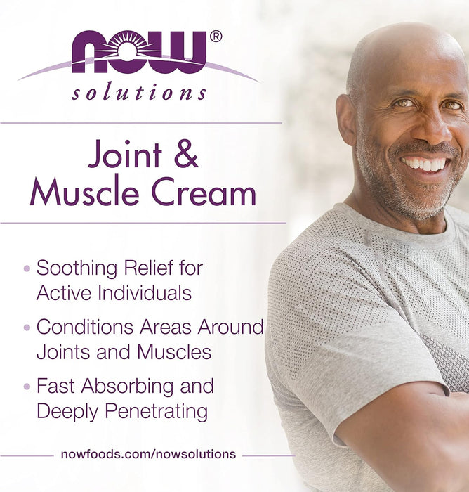 NOW Solutions Joint & Muscle Cream promotional graphic highlighting soothing relief, fast absorbing formula, and muscle conditioning benefits