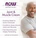 NOW Solutions Joint & Muscle Cream promotional graphic highlighting soothing relief, fast absorbing formula, and muscle conditioning benefits