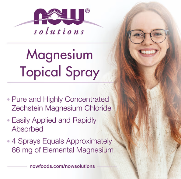 NOW Foods Solutions Magnesium Topical Spray lifestyle image highlighting pure magnesium chloride and fast absorption.