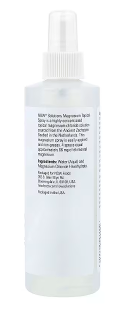 NOW Foods Solutions Magnesium Topical Spray 8 fl oz back label showing magnesium chloride ingredients and usage directions.