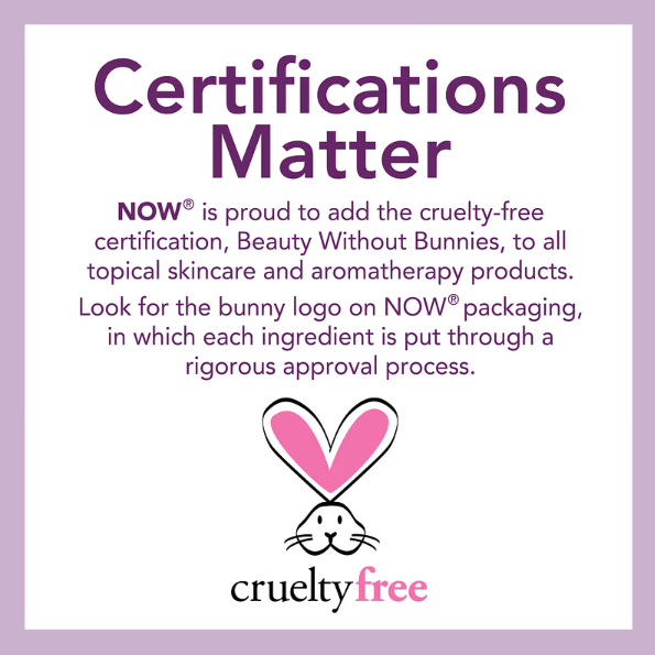 NOW Foods Solutions Magnesium Topical Spray cruelty-free certification graphic for personal care products.