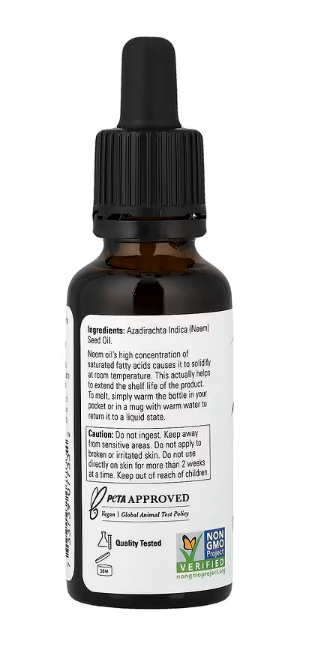 NOW Solutions Pure Neem Oil 1 fl oz 30 mL ingredient panel and directions label