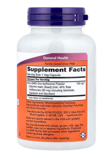 NOW Foods Soy Isoflavones 60 mg other supplements graphic highlighting natural, organic and clinically tested ingredients