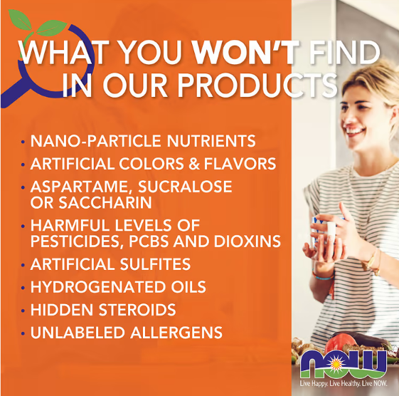 NOW Foods Soy Isoflavones quality promise graphic listing no artificial colors, sweeteners, hydrogenated oils or hidden allergens