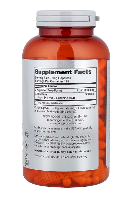 NOW Sports Arginine and Ornithine supplement facts label amino acid capsules 250 