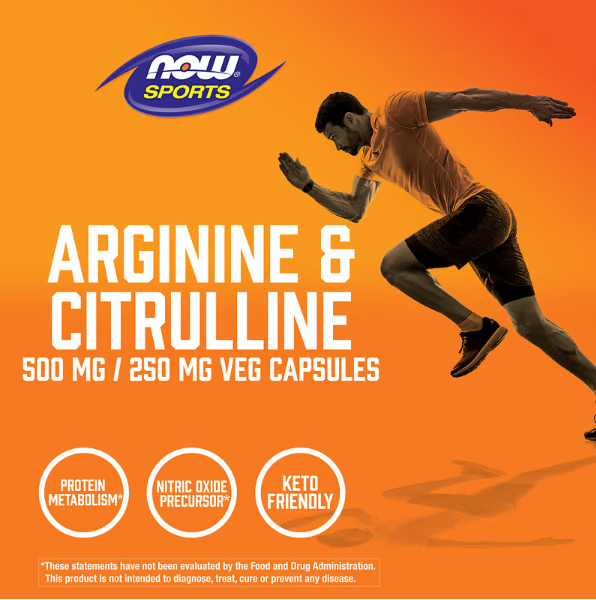 NOW Sports Arginine & Citrulline 500 mg / 250 mg promotional graphic featuring athlete silhouette and nitric oxide support messaging