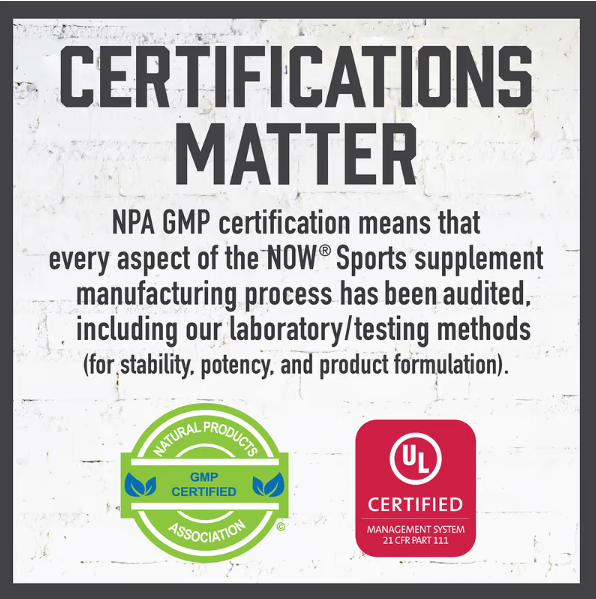 NOW Sports Arginine & Citrulline Certifications Matter graphic highlighting GMP quality assurance and certified manufacturing standards