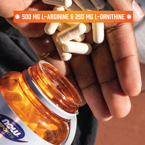 NOW Sports Arginine and Ornithine capsules in hand amino acid supplement