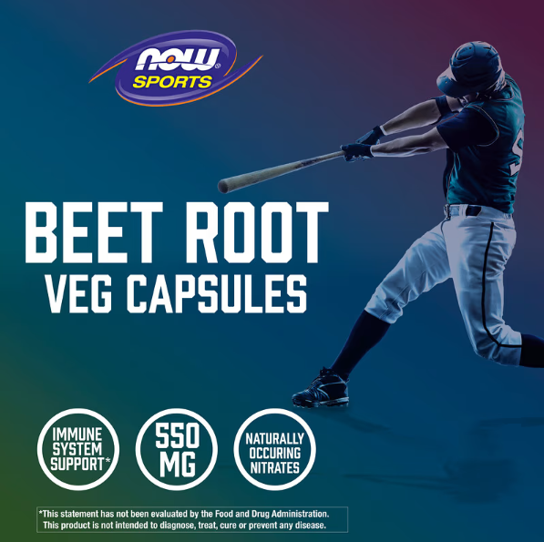 NOW Sports Beet Root veg capsules performance graphic highlighting naturally occurring nitrates and 550 mg beet root per capsule