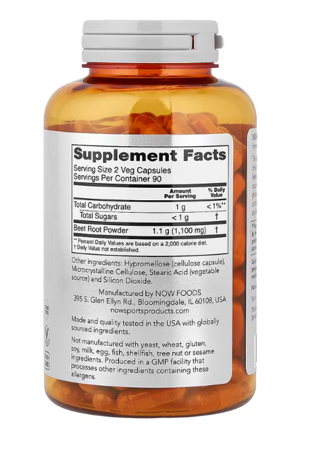 NOW Sports Beet Root supplement facts label bottle 180 veg capsules 550 mg per capsule