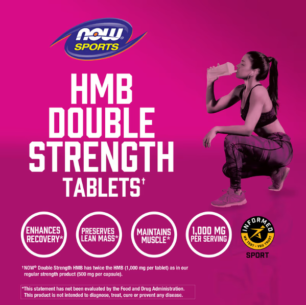 NOW Sports HMB double strength tablets graphic highlighting muscle recovery strength and endurance support