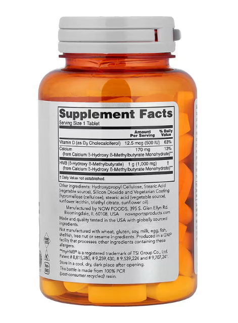 NOW Sports HMB with Vitamin D-3 supplement facts label bottle 90 tablets 1000 mg per tablet