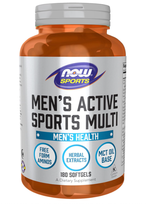 NOW Foods Sports Men's Active Sports Multi multivitamin bottle front 180 Softgels