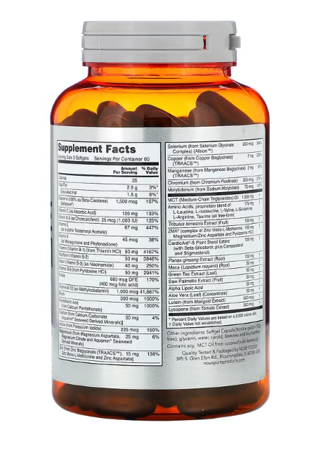 NOW Foods Sports Men's Active Sports Multi supplement facts label 