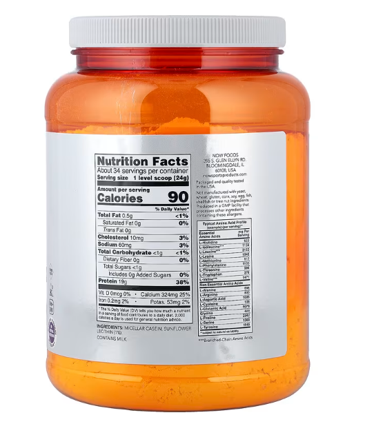 NOW Sports Micellar Casein Protein Powder nutrition facts label unflavored protein supplement 1.8 lb container