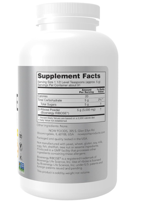 NOW Sports D-Ribose Powder supplement facts and directions panel Tigerfitness.com
