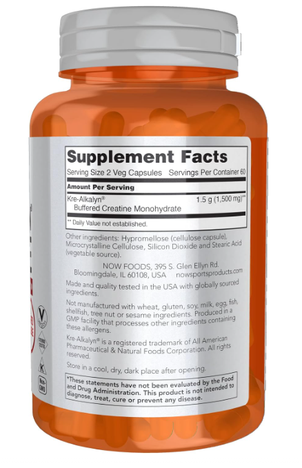 NOW Sports Kre-Alkalyn Creatine supplement facts and directions panel 