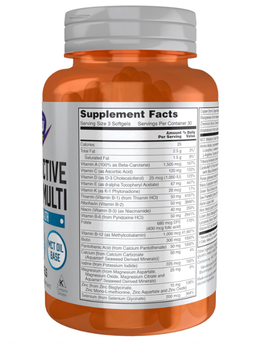 NOW Foods Sports Men's Active Sports Multi supplement facts label 90 Capsules