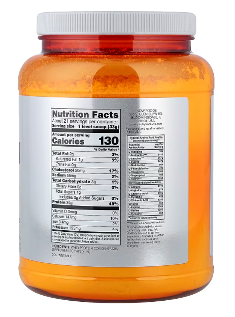NOW Sports Whey Protein Concentrate unflavored supplement facts label 1.5 lb protein powder