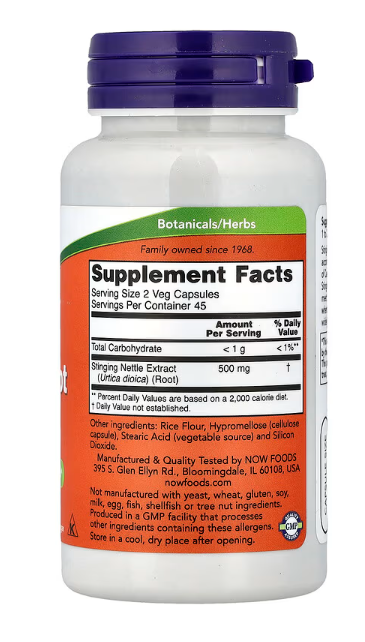 NOW Foods Stinging Nettle Root Extract supplement facts label showing 250 mg herbal extract per capsule