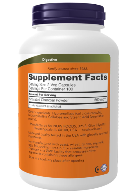 NOW Foods Activated Charcoal supplement facts and directions panel