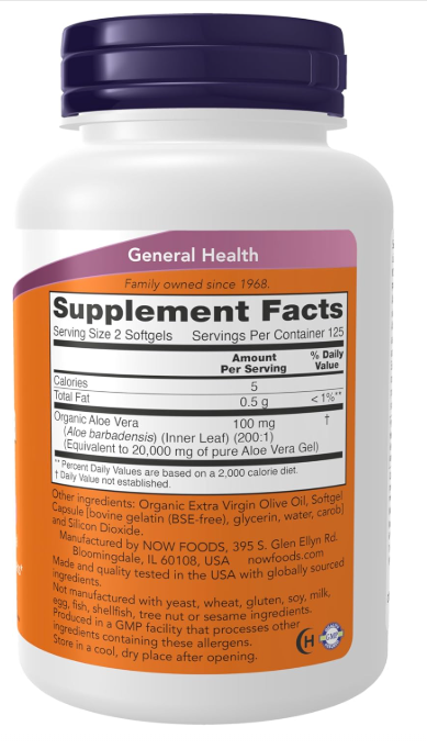NOW Foods Aloe Vera Gels supplement facts and directions panel 250 softgels