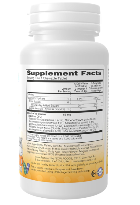 NOW Kids Berry Dophilus chewables supplement facts and probiotic strains panel