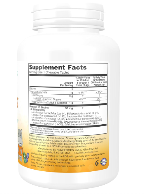 NOW Kids Berry Dophilus chewables supplement facts and probiotic strains panel 120ct