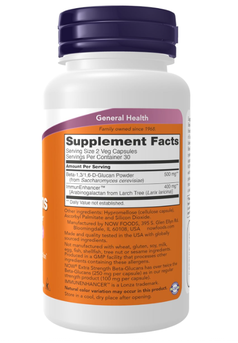 NOW Foods Beta-Glucans supplement facts and directions panel 60 Capsules