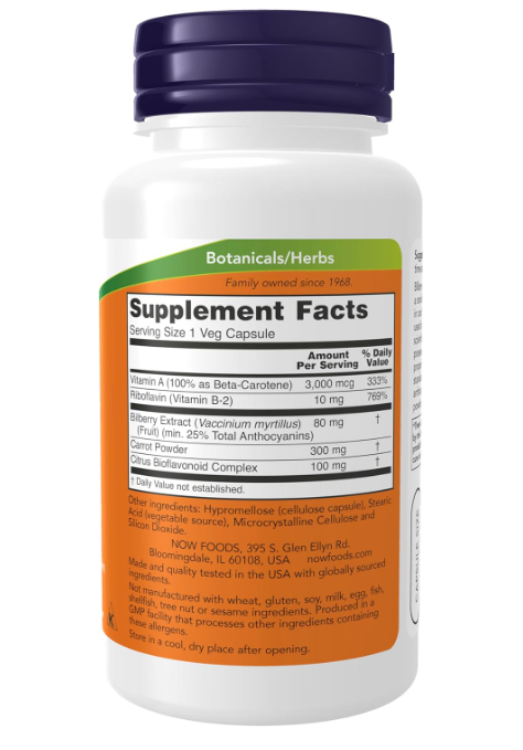 NOW Foods Bilberry Complex supplement facts and directions panel