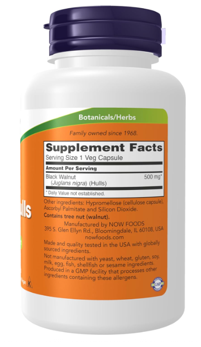 NOW Foods Black Walnut Hulls supplement facts and directions panel