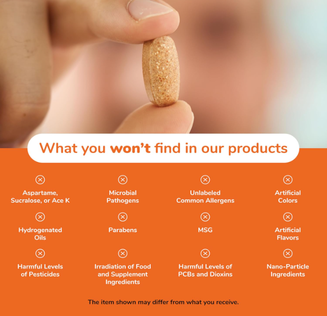 NOW Foods Bone Strength supplement quality graphic showing what you won't find in NOW products such as artificial ingredients and additives