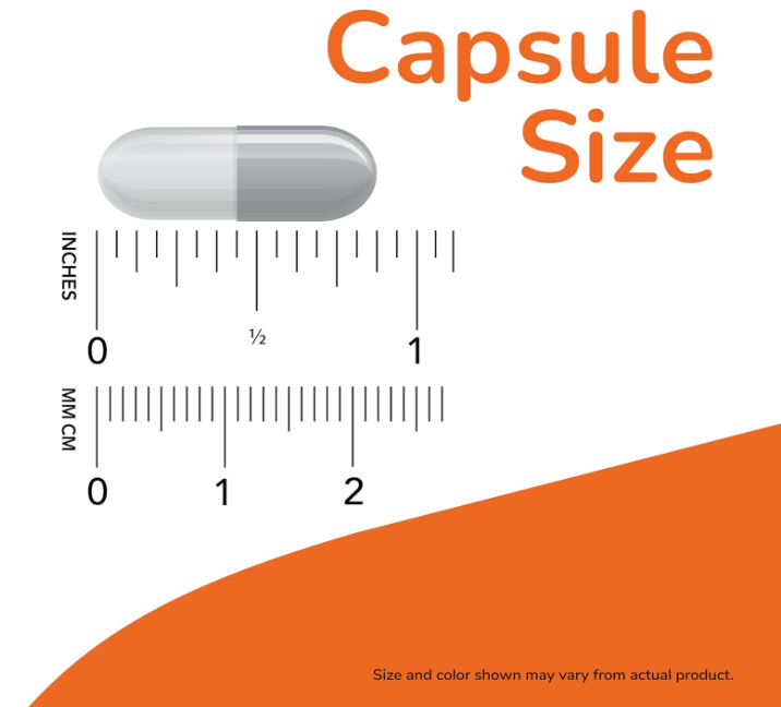 NOW Foods Bone Strength capsule size chart showing capsule measurement scale for supplement comparison
