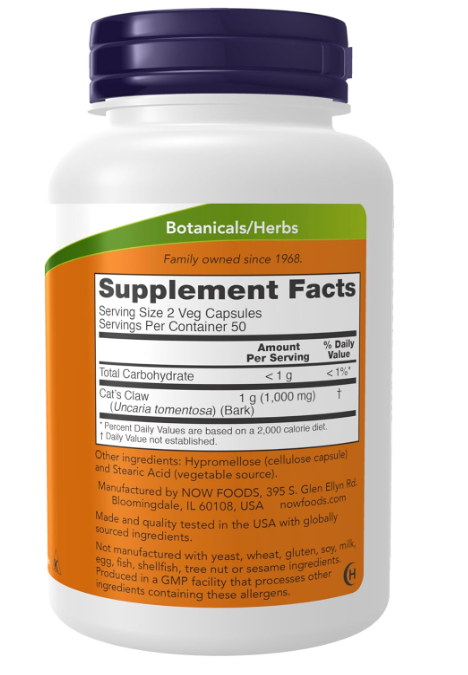 NOW Foods Cat’s Claw supplement facts and directions panel 100 Veg Capsules 