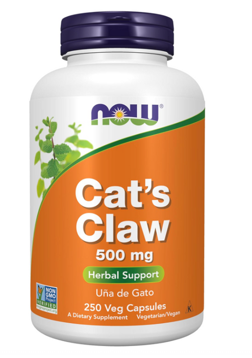 NOW Foods Cat’s Claw 500 mg vegetarian capsules bottle front label 250 Veg Capsules
