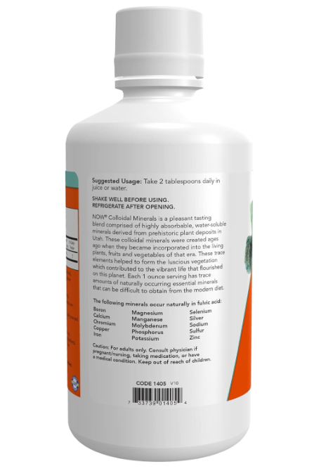 NOW Foods Colloidal Minerals liquid dietary supplement bottle Suggested Usage
