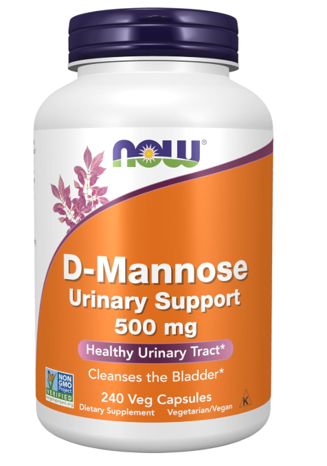 NOW Foods D-Mannose 500 mg vegetarian capsules bottle front label 240 Veg Capsules 