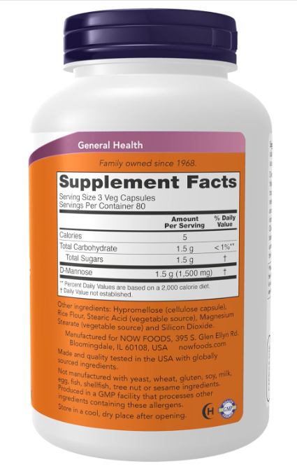NOW Foods D-Mannose supplement facts and directions panel 240ct