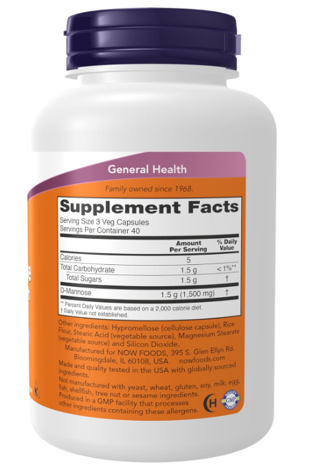 NOW Foods D-Mannose supplement facts and directions panel 120ct
