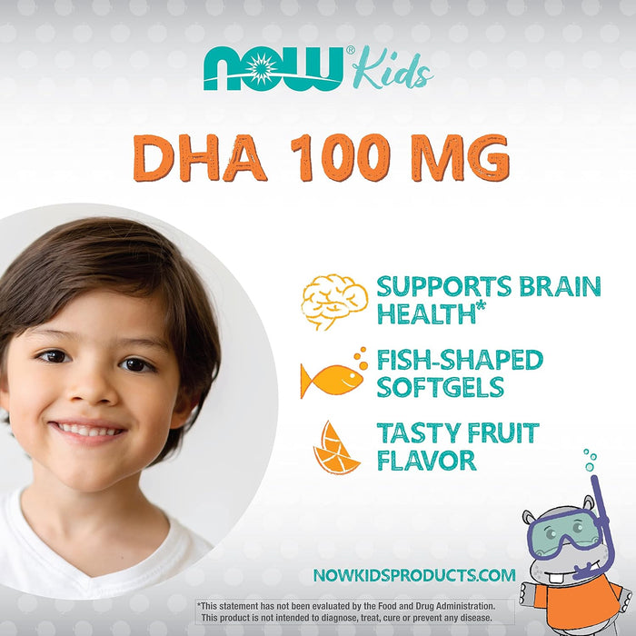 NOW Kids DHA Fish Oil 100 mg chewables feature graphic highlighting brain and eye support