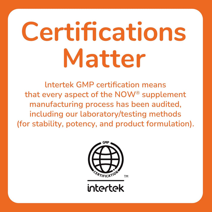 NOW Foods certifications matter graphic highlighting GMP quality and Intertek testing standards Flax Seed Oil