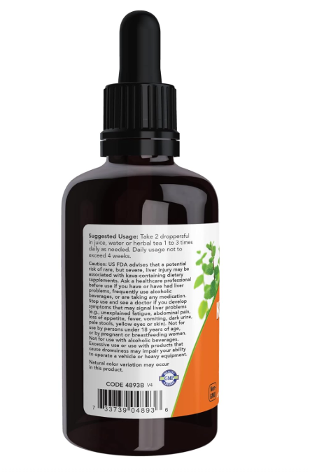 NOW Foods Kava Kava Liquid Extract with glycerin back label showing suggested usage and product information